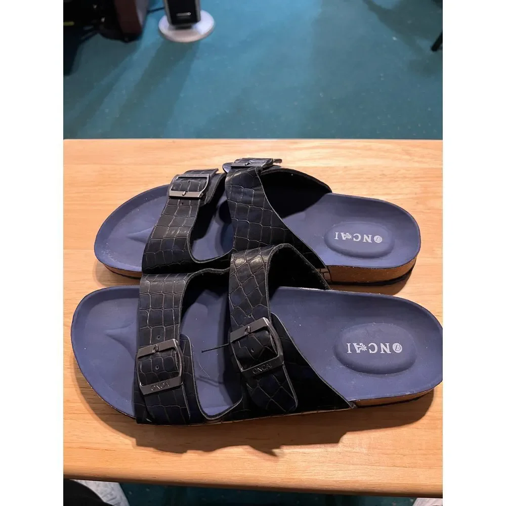 NCAI Men's Double Buckle Sandals Croc Pattern Navy Blue Comfort Slides‎ Size 45